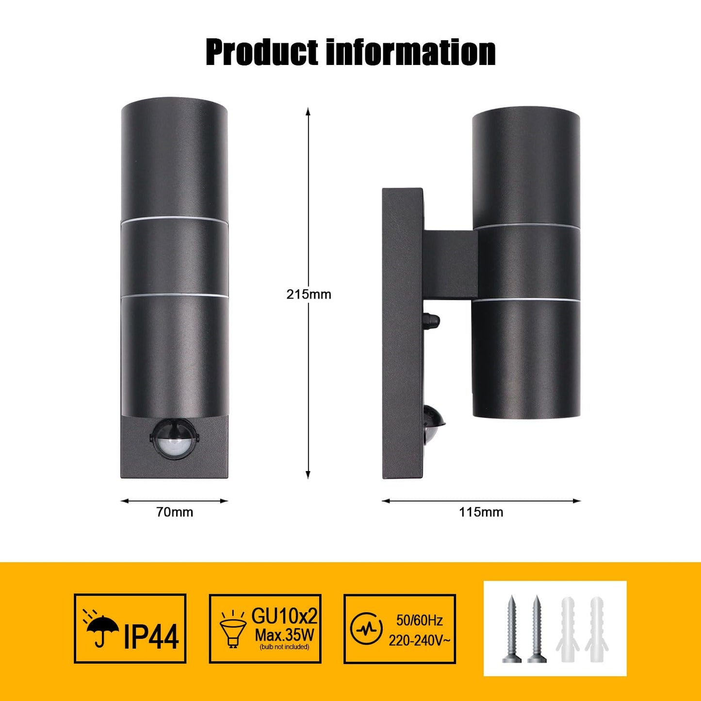 EXTRASTAR Black Outdoor Wall Lights PIR Motion Sensor, GU10 Base Double Up Down Exterior Wall Sconce, IP44 Stainless Steel Wall Light for Garden, Patio,Porch, Garage（Bulb not Included）