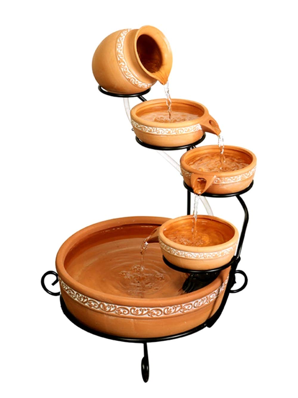Primrose 55cm Inlaid Terracotta Solar Powered Jug & Dish Water Feature Cascade with Battery Backup and LED Lights