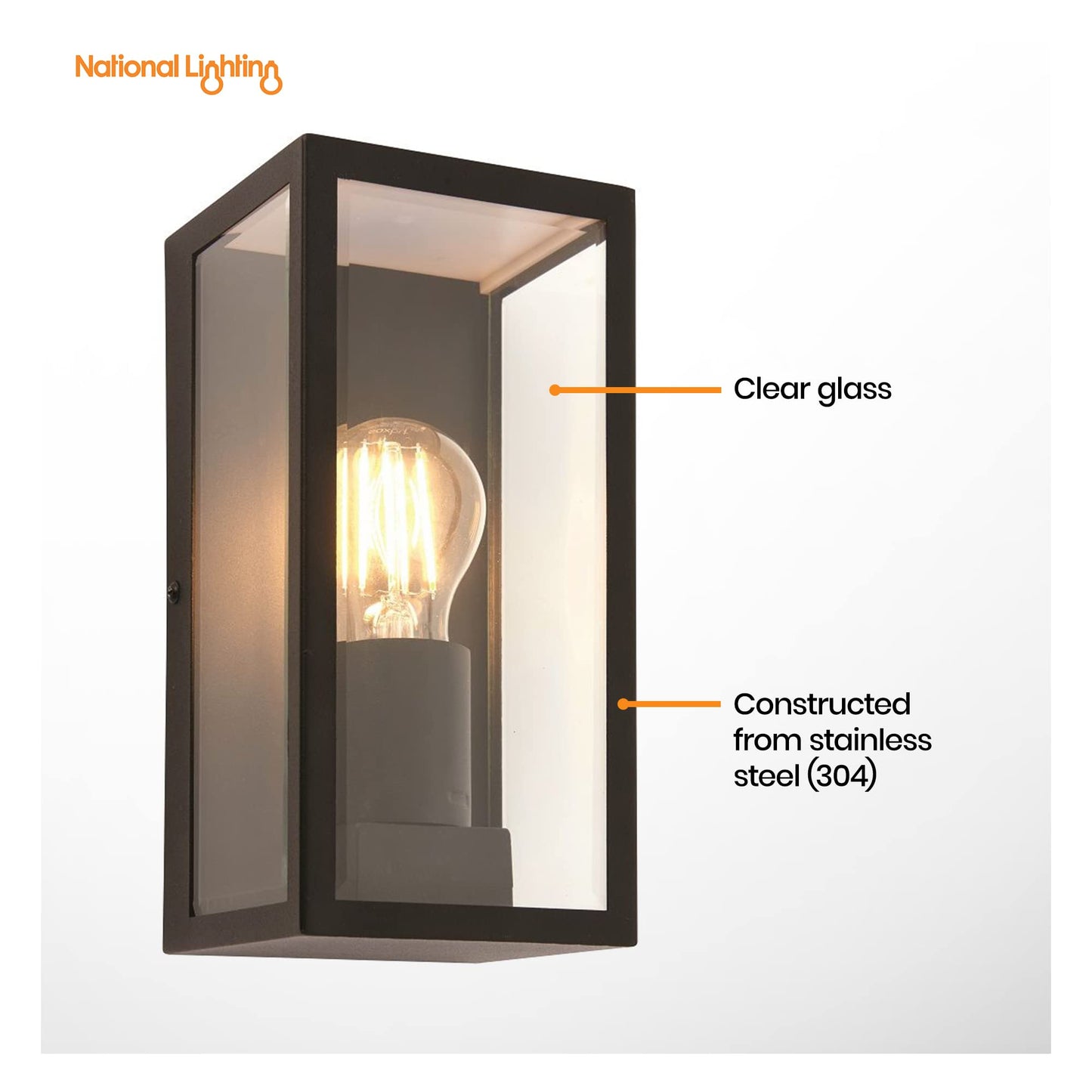 National Lighting Outdoor Wall Light - Matt Black Stainless Steel Boxed Lantern with Glass Panels - IP44 Rated Outside Light - Compatible with 28W 240V E27 Eco GLS or LED E27 (Not Included)