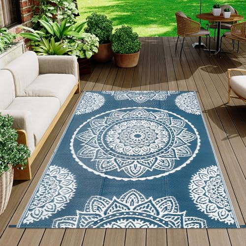 Famibay Outdoor Rug Waterproof Plastic Straw Garden Rugs Reversible Rug 120 x 180 cm Outdoor Patio Carpet UV Resistant Portable Mandala Area Rug for RV Balcony Picnic Blue