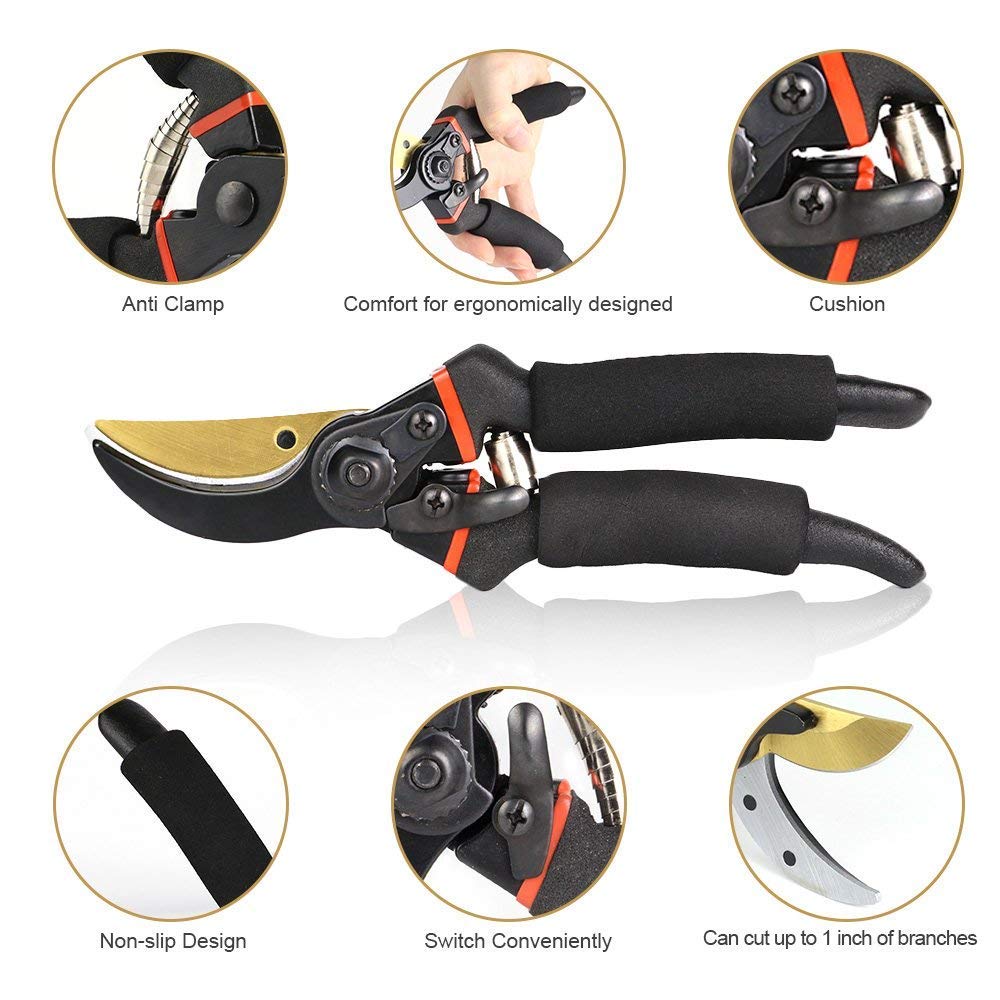 SEEYC Professional 8 inches Premium Titanium Bypass Pruning Shears, Premium Utility Garden Clippers Scissors Sponge Handle Protector,Tree Trimmers Secateurs Hand Pruners