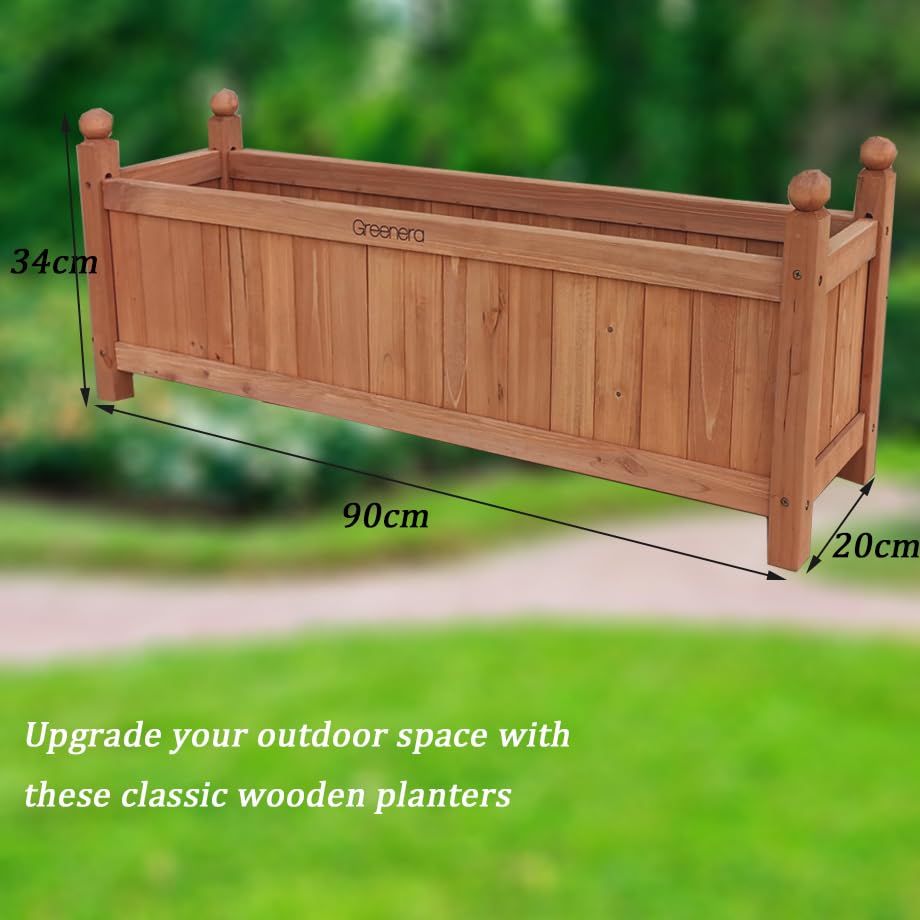 Vivo Technologies Set of 2 Extra Large Rectangular Wooden Planters Outdoor Garden Planter Box Planting Raise Bed Plants Flowers Plant Pot Natural Long Wood Pot,90x20x34 cm,Natural