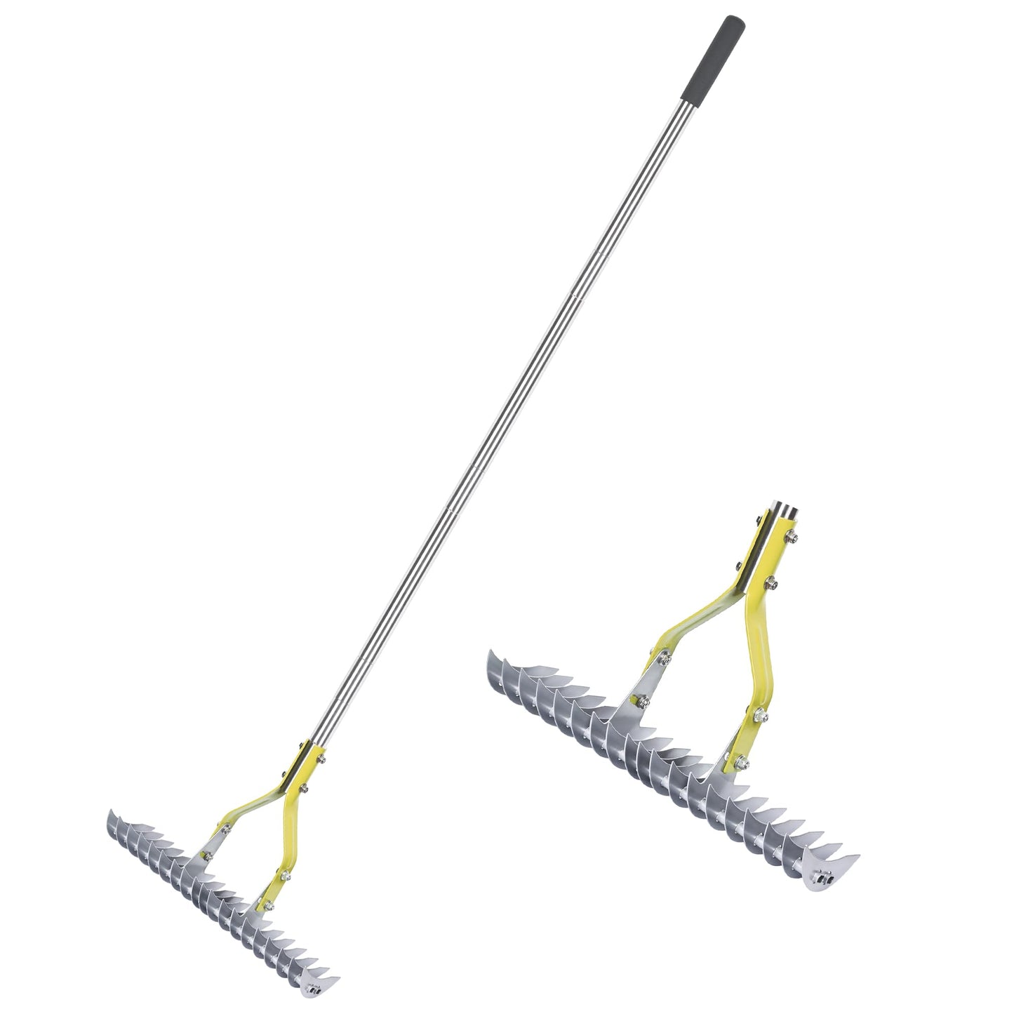 BARAYSTUS Straw Rake, Lawn Rake with 148 cm Adjustable Long Handle Robust Garden Leaf Grabber Made of Carbon Steel, Multi-Purpose Lawn Comb for Weeding, Fertilising Lawn Thatching Rake Cleaning Dead