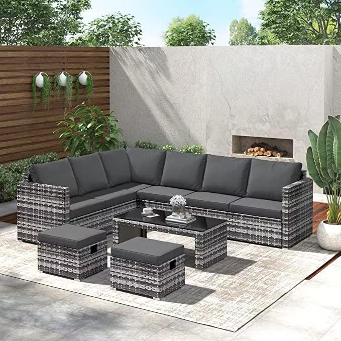 LTGB Garden Furniture Sets, Garden Corner Sofa Set, 8 Seater Rattan Sofa Outdoor Furniture with Coffee table 2 stools【UK Fast Delivery】
