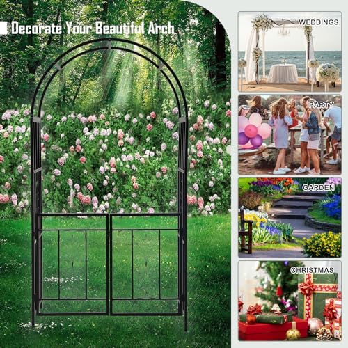 CyyKcc Black Garden Arbour Arch with Gate, Heavy Duty Metal Plant Climbing Arch Frame for Wedding, Party, Garden Pergola Arbor Trellis with Doors for Indoor, Outdoor