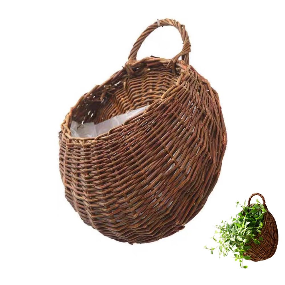 Mgoodoo Hanging Planter Basket with Wicker,Round Hanging Flower Plant Pot Plant Basket for Indoor Outdoor Garden Porch Decoration, 22 * 26CM，1pc