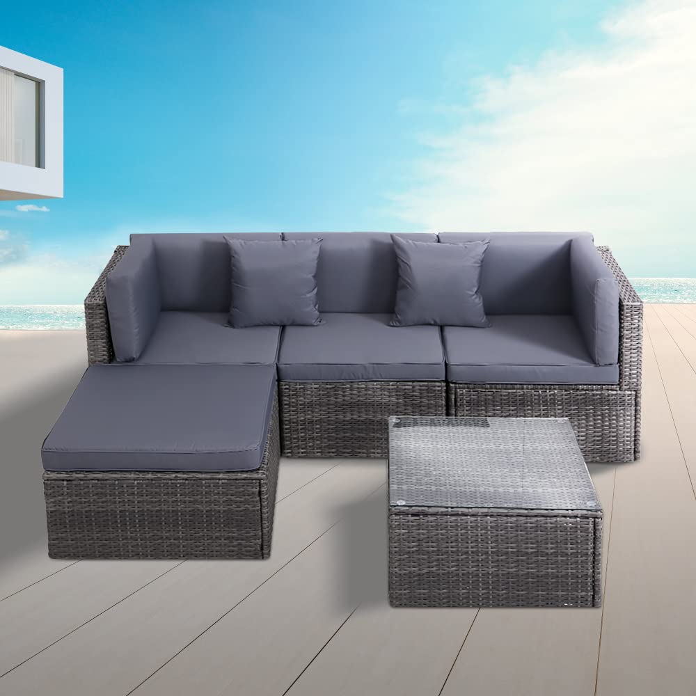 Panana Rattan Garden Furniture Set 4 Seater Wicker Patio Lounge Sofas Chairs Coffee Table Cushions Sectional Modular Combination for Outdoor Backyard Poolside (Mixed Grey Wicker with Grey Cushions)