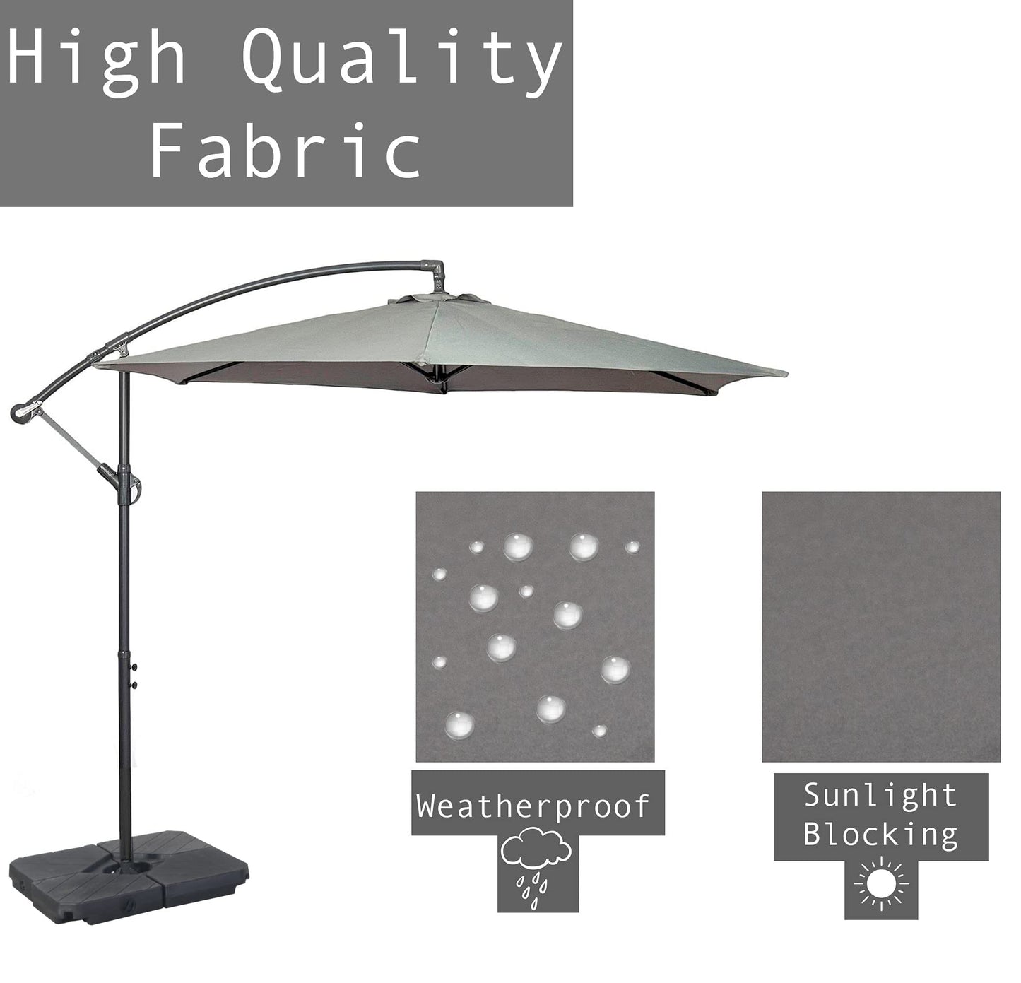 GardenCo 3m Cantilever Banana Parasol INCLUDES BASES & COVER - Hanging Parasol with Crank Handle - Outdoor Garden and Patio Sun Shade (Grey)