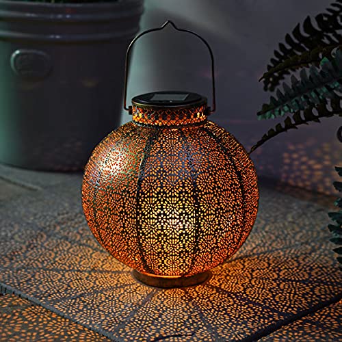 Festive Lights - 25.5cm Solar Antique Brass Moroccan Lantern with Colour Changing, Cool & Warm White LEDs - IP44 Rated, Outdoor & Indoor Decorative Light - Intricate Cut-Out Design, Automatic Sensor
