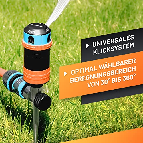 GRÜNTEK Circular Sprinkler on metal spike. Sector sprinkler lawn sprinkler settings 30 °- 360 ° for large surfaces and optimal garden irrigation. Covers up to 452 m².