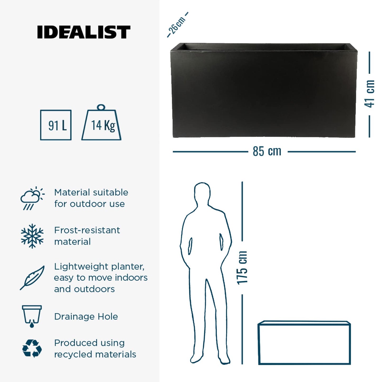 IDEALIST 85cm Large Trough | Black Reinforced Stone Rectangle Plant Pot | Garden Planters with Drainage Holes L85 W26 H41 cm, 60 litres