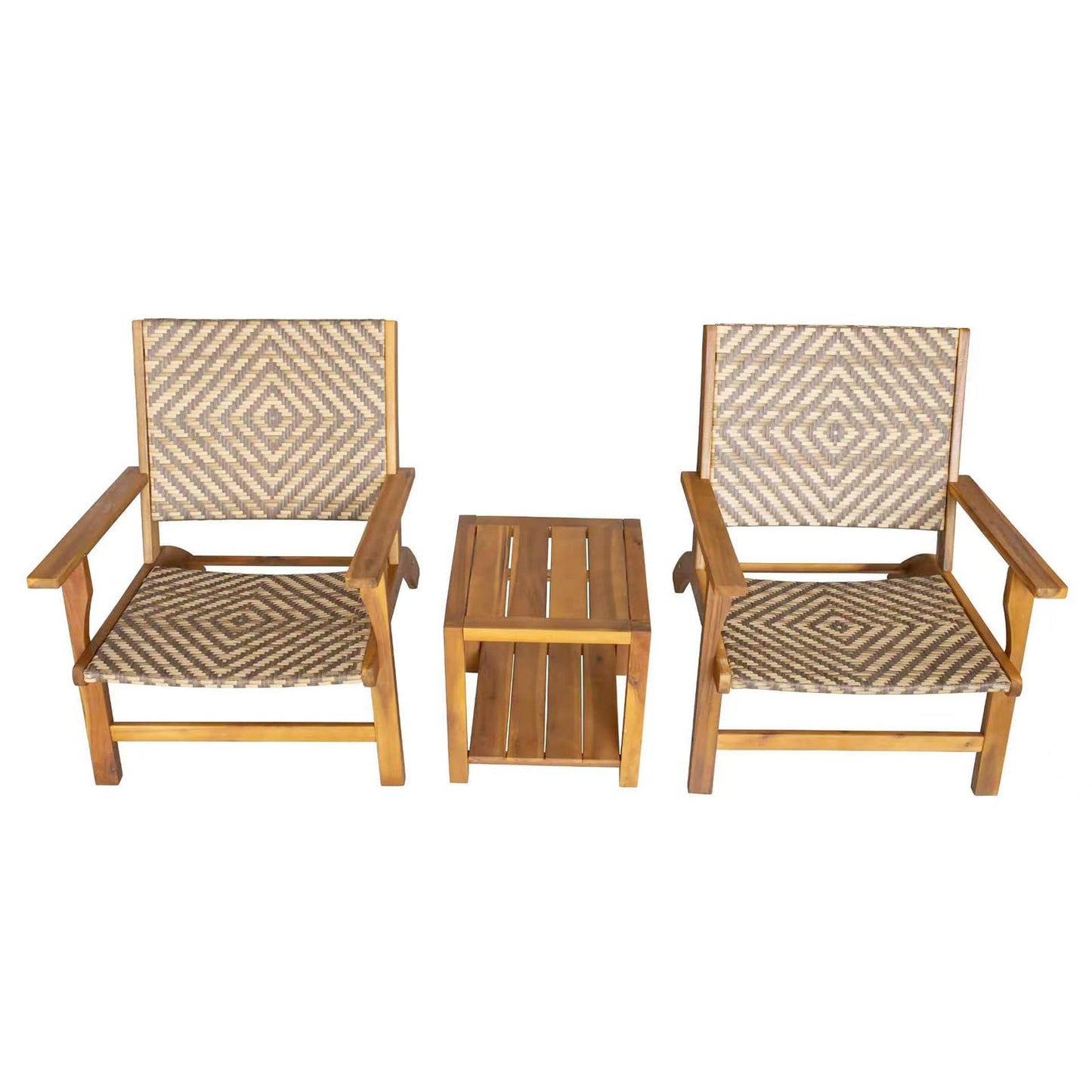 Panana 3 Pieces Garden Furniture Set Solid Acacia Wood Side Table and PE Rattan Wicker Wooden Chairs Bistro Set for Outdoor, Patio, Porch, Poolside, Balcony