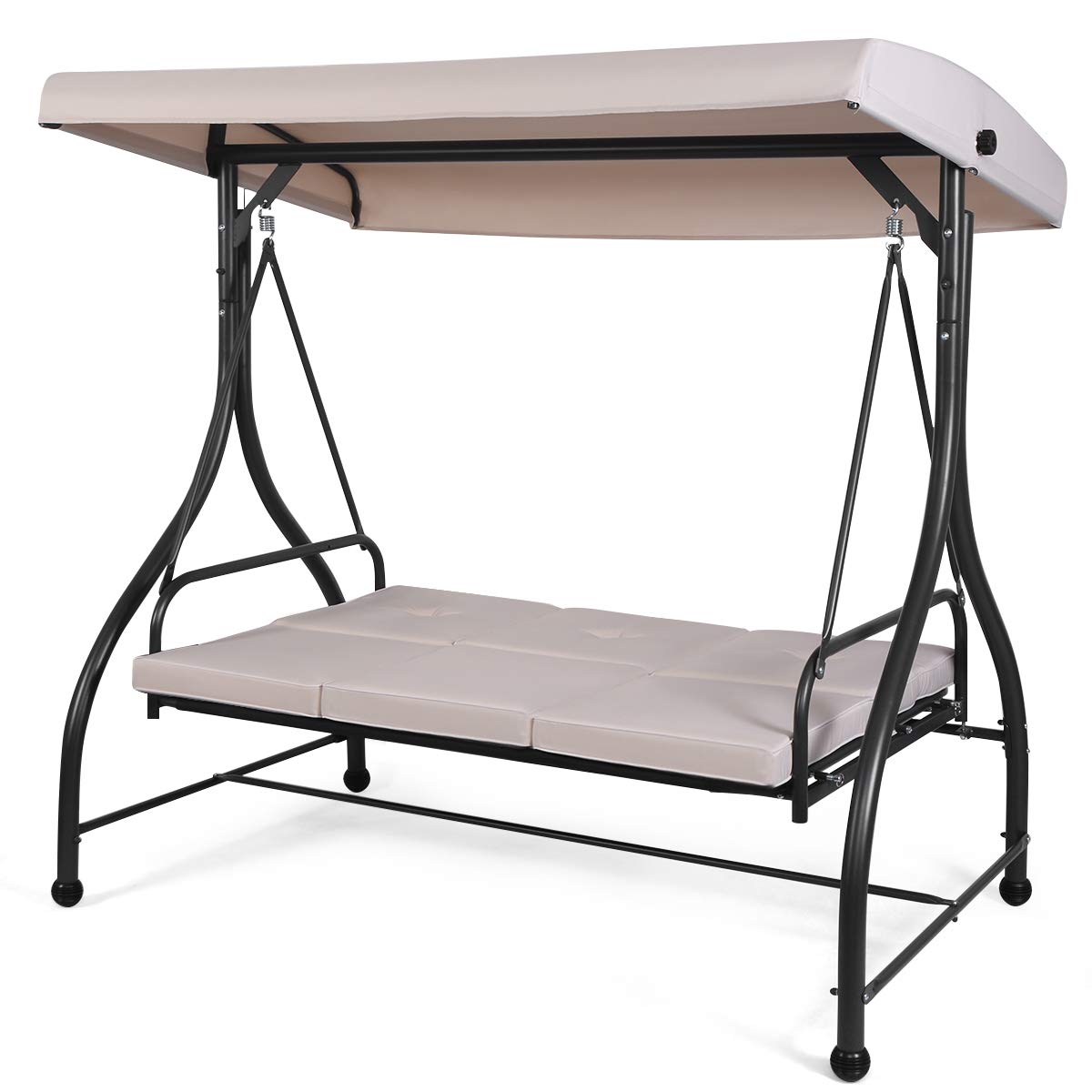 COSTWAY 3 Seater Garden Swing Chair, Convertible Outdoor Hammock Bench Chair with Adjustable Canopy and Cushions, Steel Frame Porch Patio Swing Seat Lounger for Balcony, Deck and Poolside (Beige)