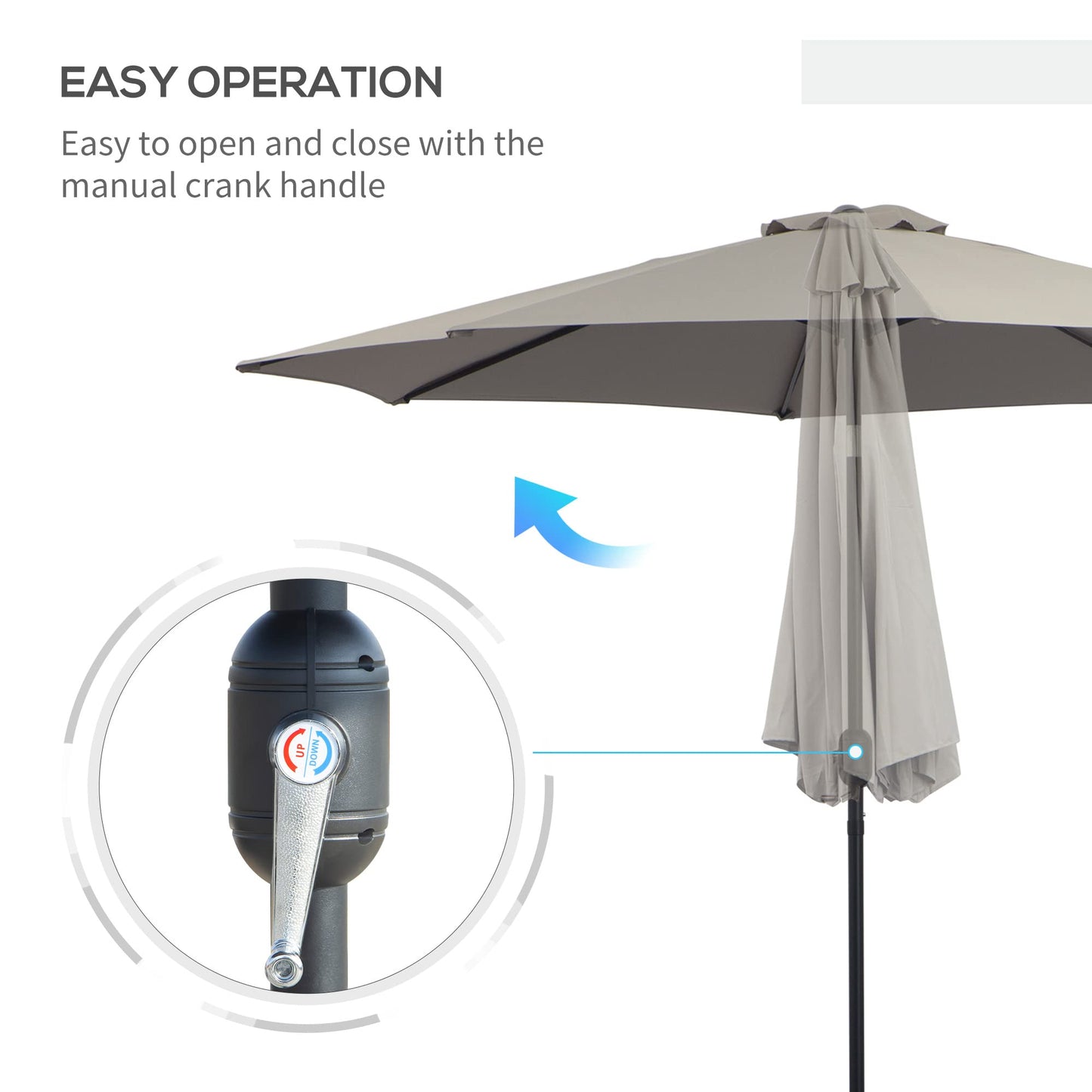 Outsunny 3(m) Garden Parasol Umbrellas, Outdoor Sun Shade with 8 Ribs, Tilt and Crank Handle for Balcony, Bench, Garden, Light Grey