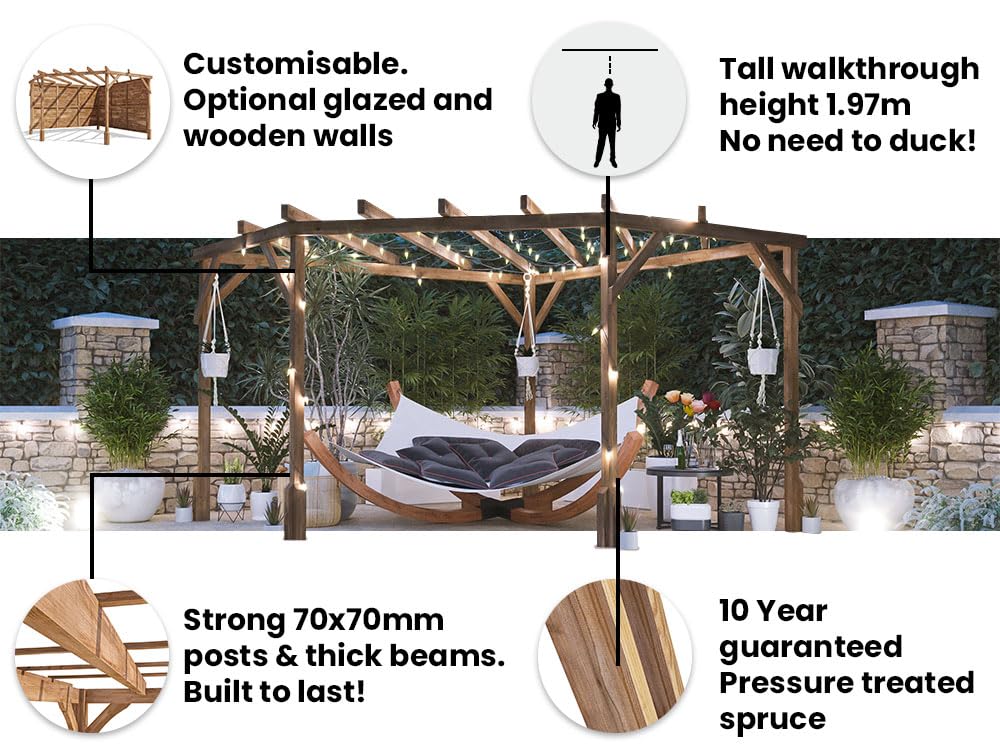 Dunster House Wooden Corner Pergola Kit 10' x 10' DIY Garden Plant Frame with Slatted Walls Utopia Diamond