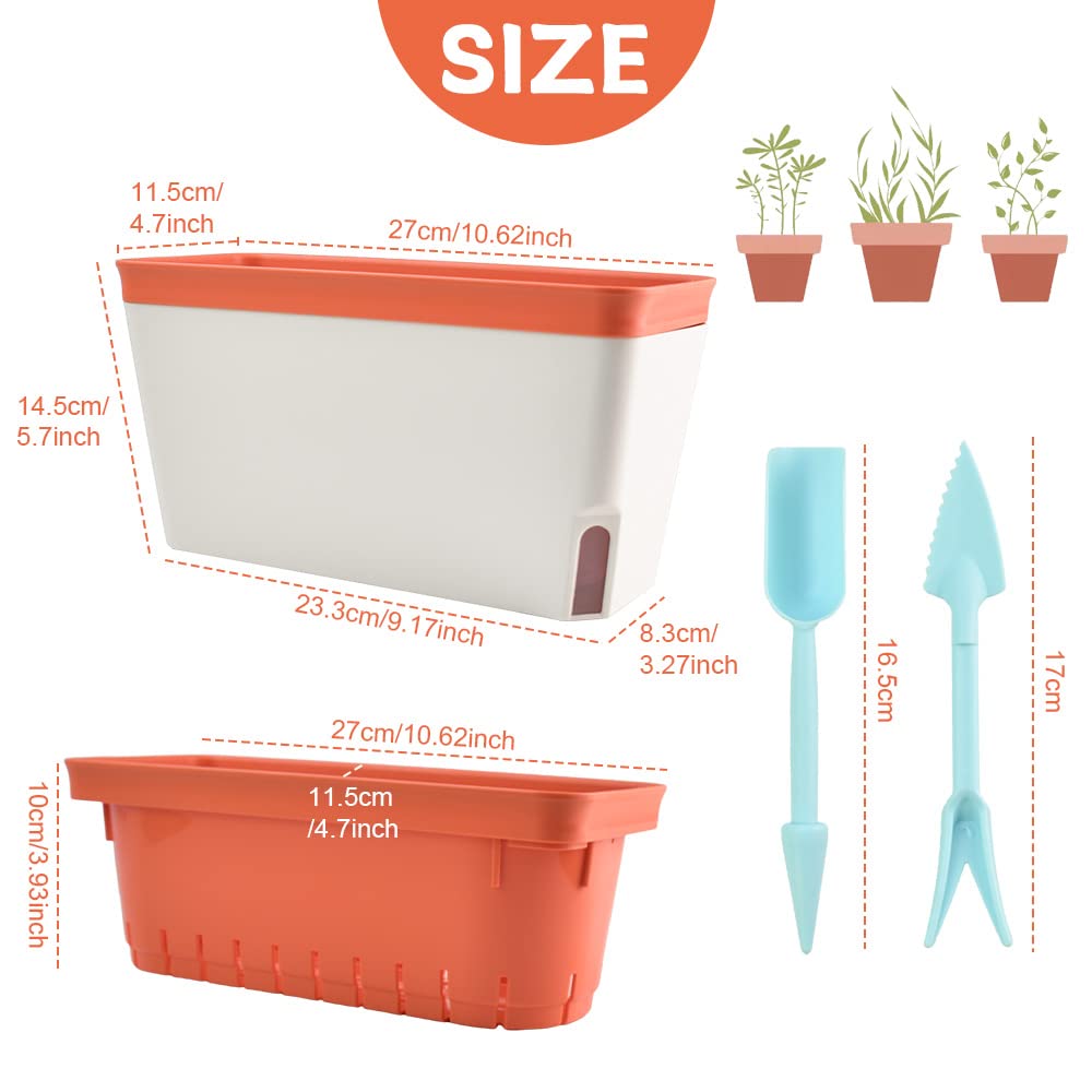 KARBAG Set of 3 Self Watering Plant Pots, 10.6inch Windowsill Herb Planter Box Rectangular Plastic Flowerpots Modern Decorative Flower Pot with Visual Water Level Window for Indoor Outdoor Patio