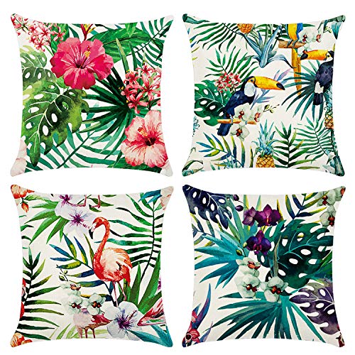 Cushion Covers 45 x 45 cm，Set of 4 pillow cover Cotton and Linen Pillow case Cushion Covers for Sofa garden bed couch cushions(Flower-7)