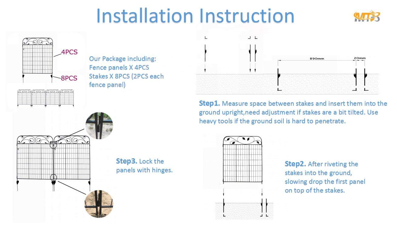 MTB Black Coated Metal Side Outdoor Patio Gate Steel Decorative Garden Fence Panel 112cm Hx 91cm W (4 Pack, Linear Length 12 feet) 8 Leaves, Metal Border Folding Fence