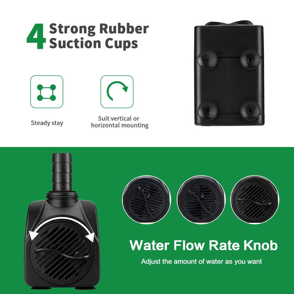 Powcan Water Pump Submersible Water Pump 400Gph 1500L/H Ultra-Quiet 25W Fountain Pond Aquarium Fish Tank Pump with 48 Hours Anti Dry Burning, 6.9ft(2.1m) High Lift, 6.56ft(2m) Power Cord, 2 Nozzles