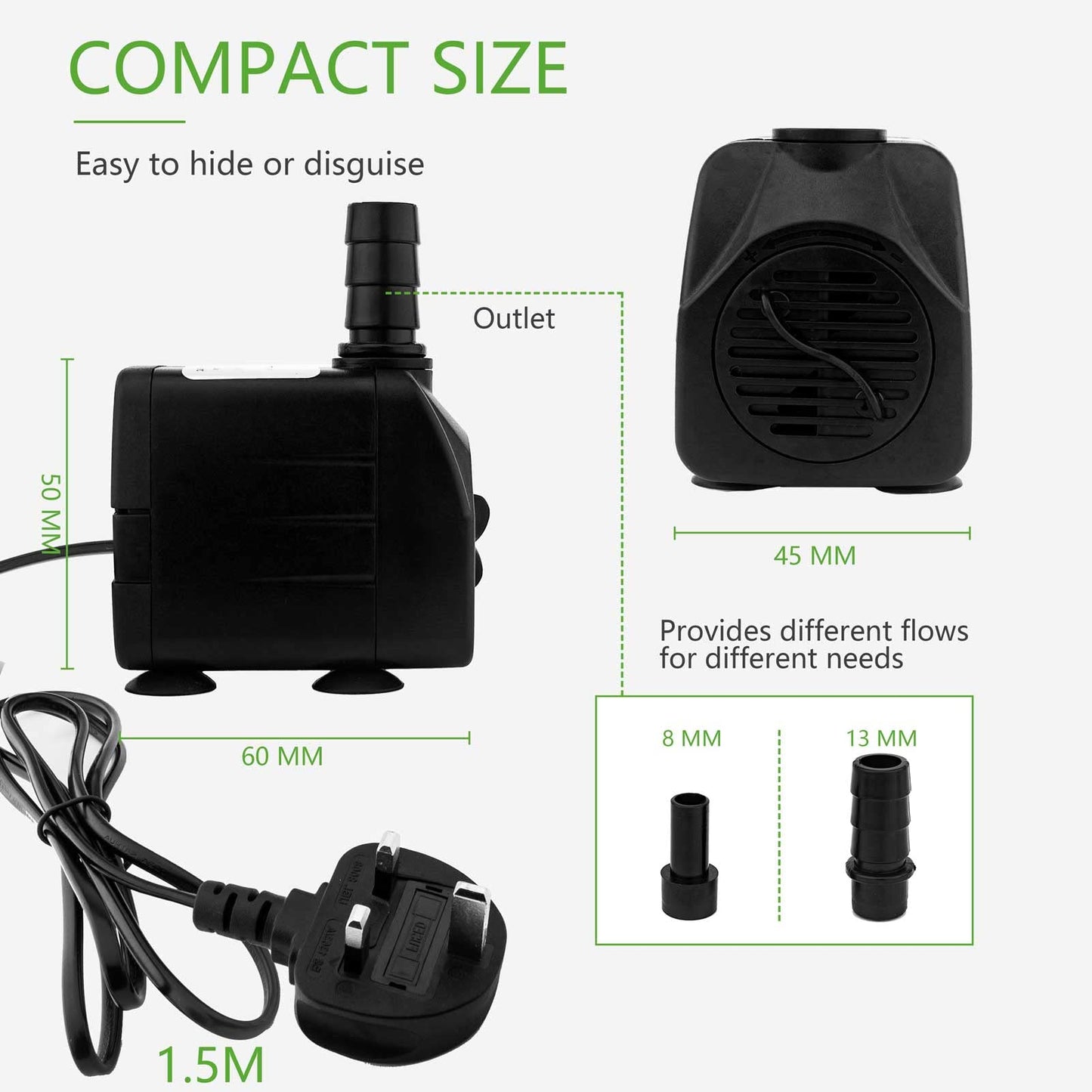 Mini Submersible Water Pump (600L/H, 10W) Adjustable Ultra Quiet Fountain Water Pump for Aquarium, Fish Tank, Pond, Statuary, Hydroponics, Indoor or Outdoor Fountain with 1.5M Power Cord and 2 Nozzles