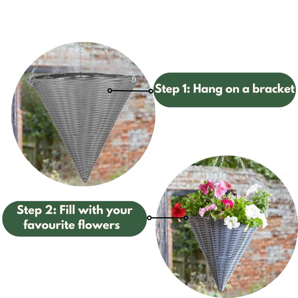 Garden Mile® Garden Hanging Flower Basket 14'' Cone Rattan Effect Plant Holder Outdoor Plant Pot Planter with Hanging Chain Grey Wicker Flower Pot Basket Pre-Lined for Easy Planting