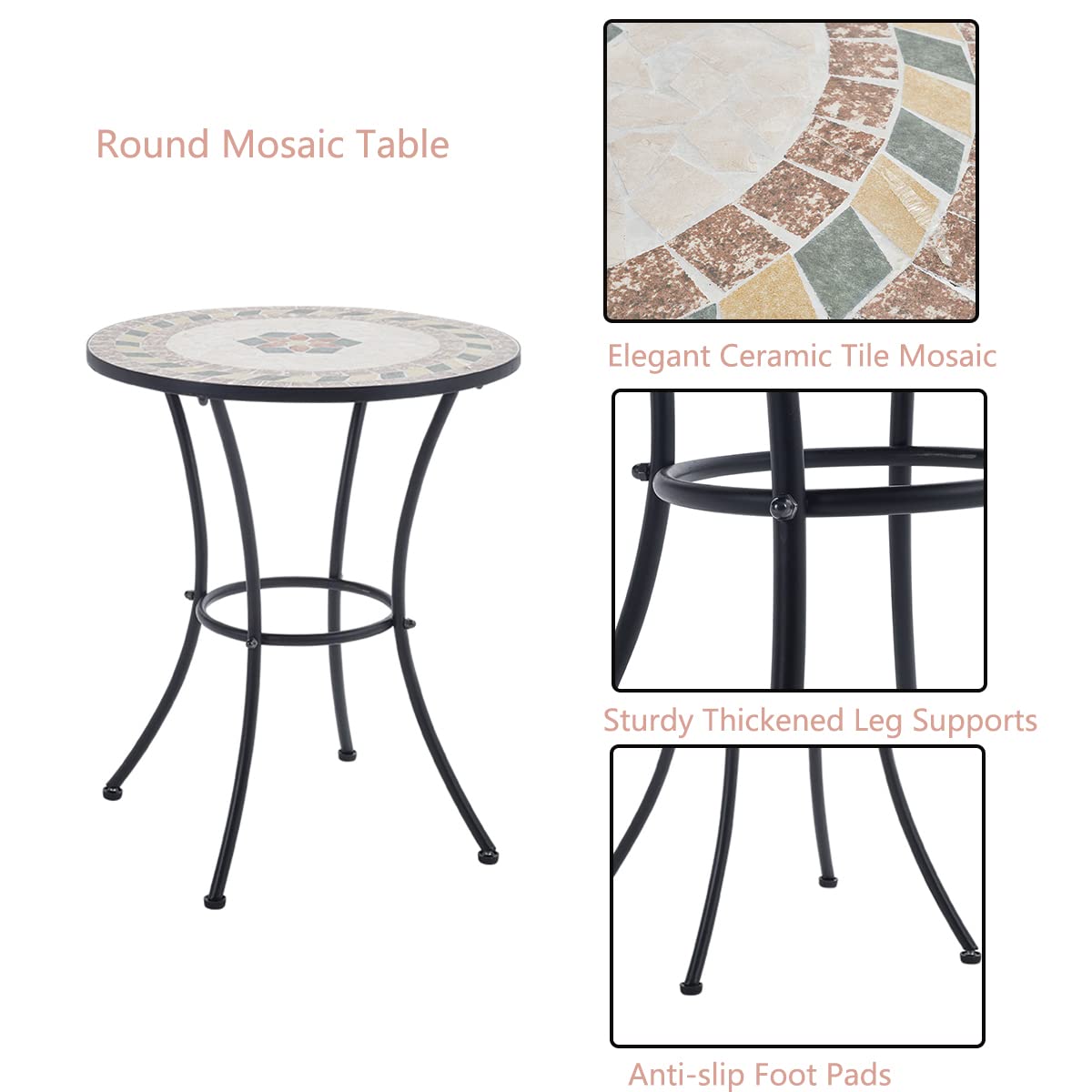 Warmiehomy Garden Table Mosaic Table 60cm Outdoor Dining Table Round Patio Coffee Table