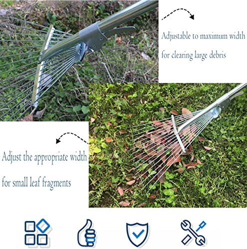Lawn Leaf Rake Adjustable Metal Rake, 30-65 inch / 78-167cm Long Grass Rake with 19-61cm Folding Head for Lawn and Garden Cleaning, Telescopic Leaf Rake, Silver,Metal Adjusting Buckle (78-167CM)