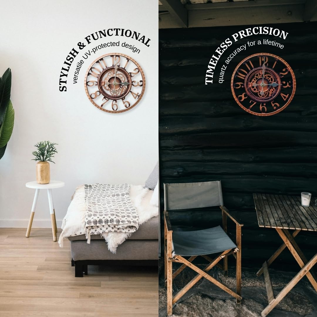 Homezone Large Bronze 30cm Open Faced Skeleton Mechanical garden clock Battery Power Operated Quartz Waterproof Weatherproof Garden Clock - Indoor or Outdoor home Kitchen Living Room Decor Clocks