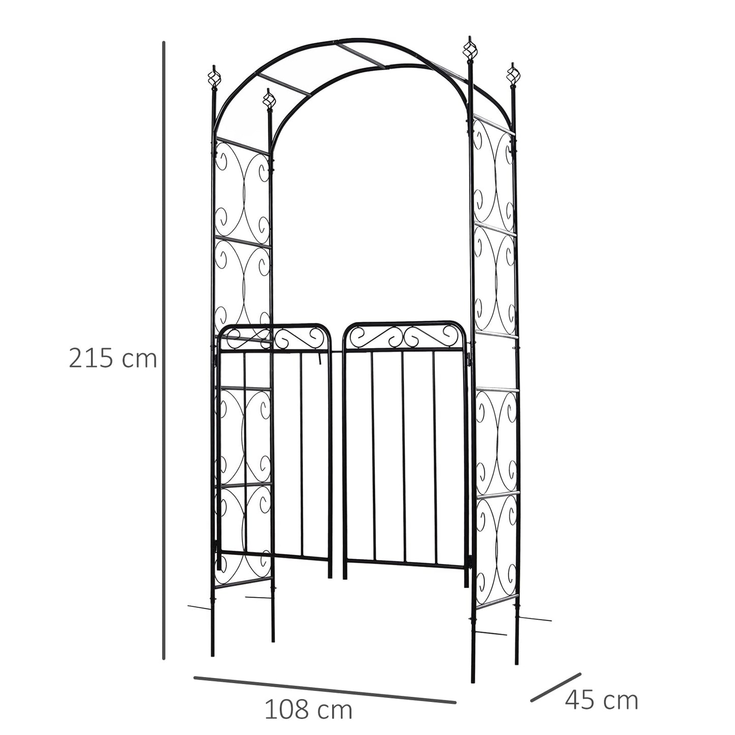 Outsunny Garden Decorative Metal Arch with Gate Outdoor Patio Trellis Arbor for Climbing Plant Archway Antique Black - 108L x 45W x 215Hcm