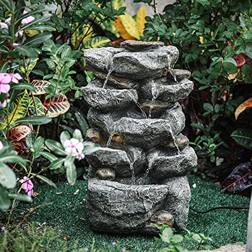 Garden Water Feature Decorate Cascading Tiered Water Fountain Pump Waterfall with LED Lights Indoor/Outdoor, Winding Rockery Waterfall, Dark Grey