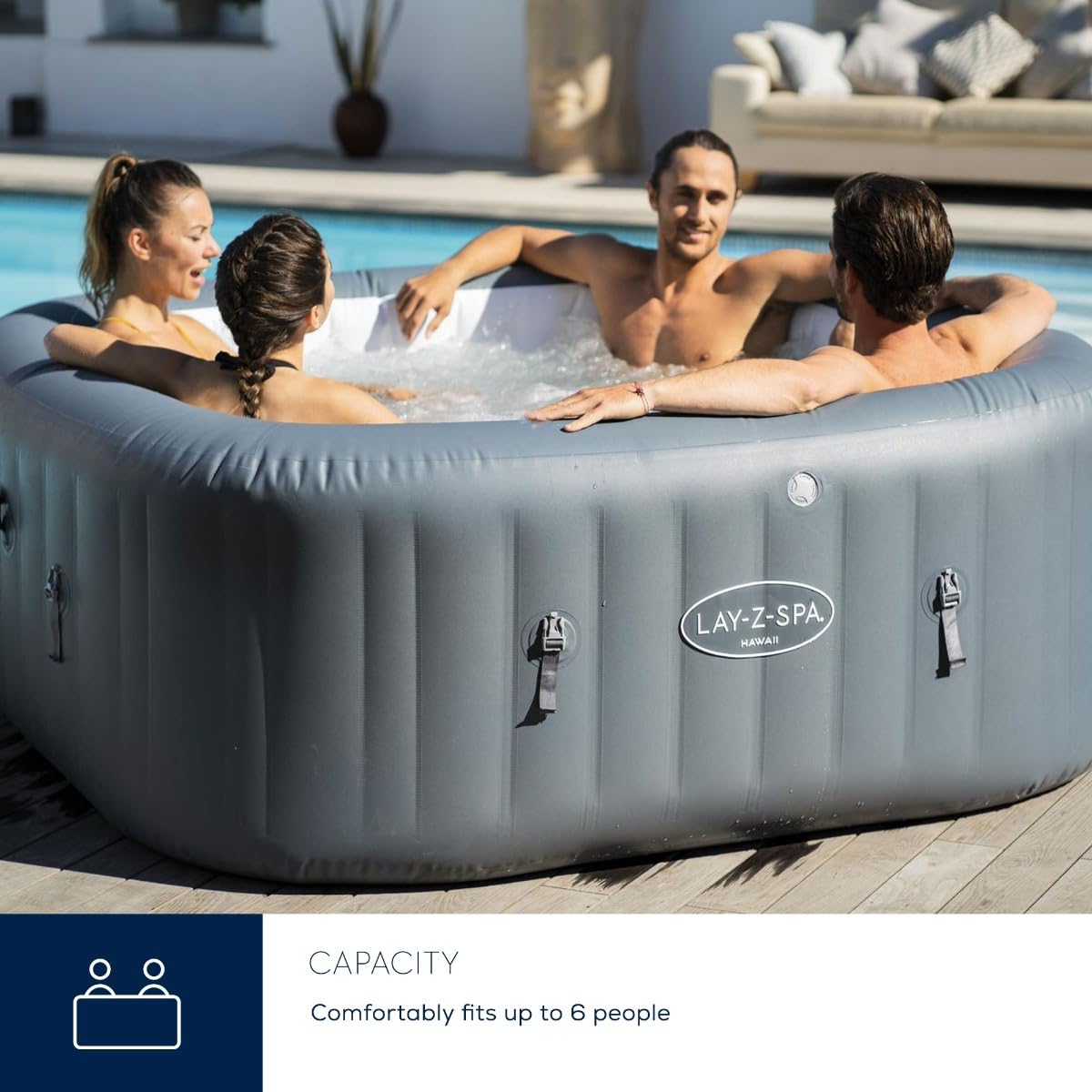 Lay-Z-Spa Hawaii Hot Tub, 8 HydroJet Pro Massage System Inflatable Spa with Freeze Shield Technology and Sociable Square Shape, 4-6 Person