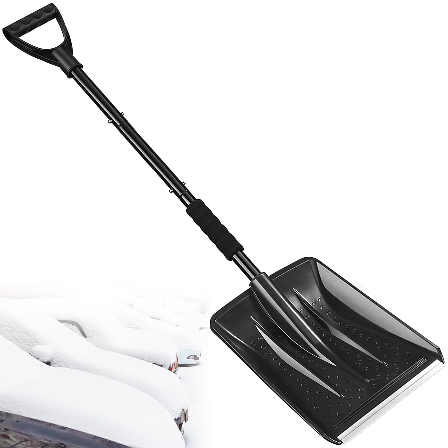2025 New Snow Shovel, Upgrade Large-Capacity Lightweight Aluminum Portable Snow Shovel, Parent-Child Playing Snow Shovel, Shovel for Garden, Car, Camping with Extra Ice Scrape(Black)