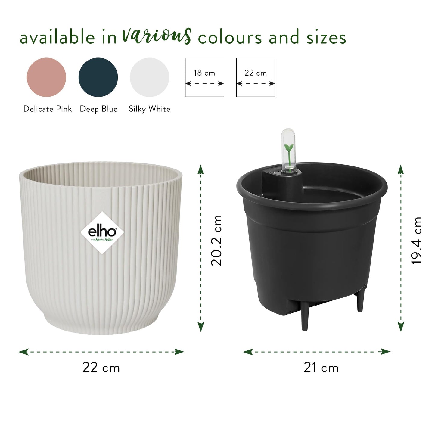 elho Vibes Fold Round Flower Pot with Self Watering Insert - 100% Recycled Plastic - Plant Pots Indoor - Ø 22 cm - White/Silky White
