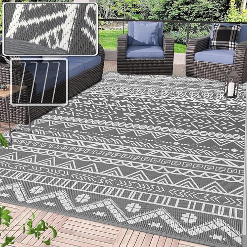 Grey Plastic Straw Patio Carpet for Garden, Deck, Picnic, Beach - 245x150cm Waterproof Outdoor Rug