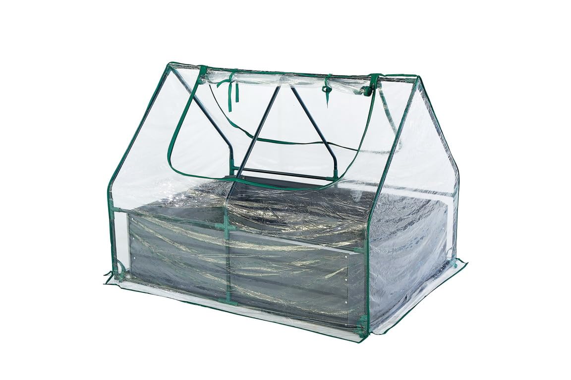 Raised Garden Bed with Greenhouse - 125 x 95 x 92 cm Compact Small Greenhouse With Metal Garden Bed included, Steel Frame, Clear PVC Cover, Zipped Roll up Windows For Plants, Vegetables, Garden