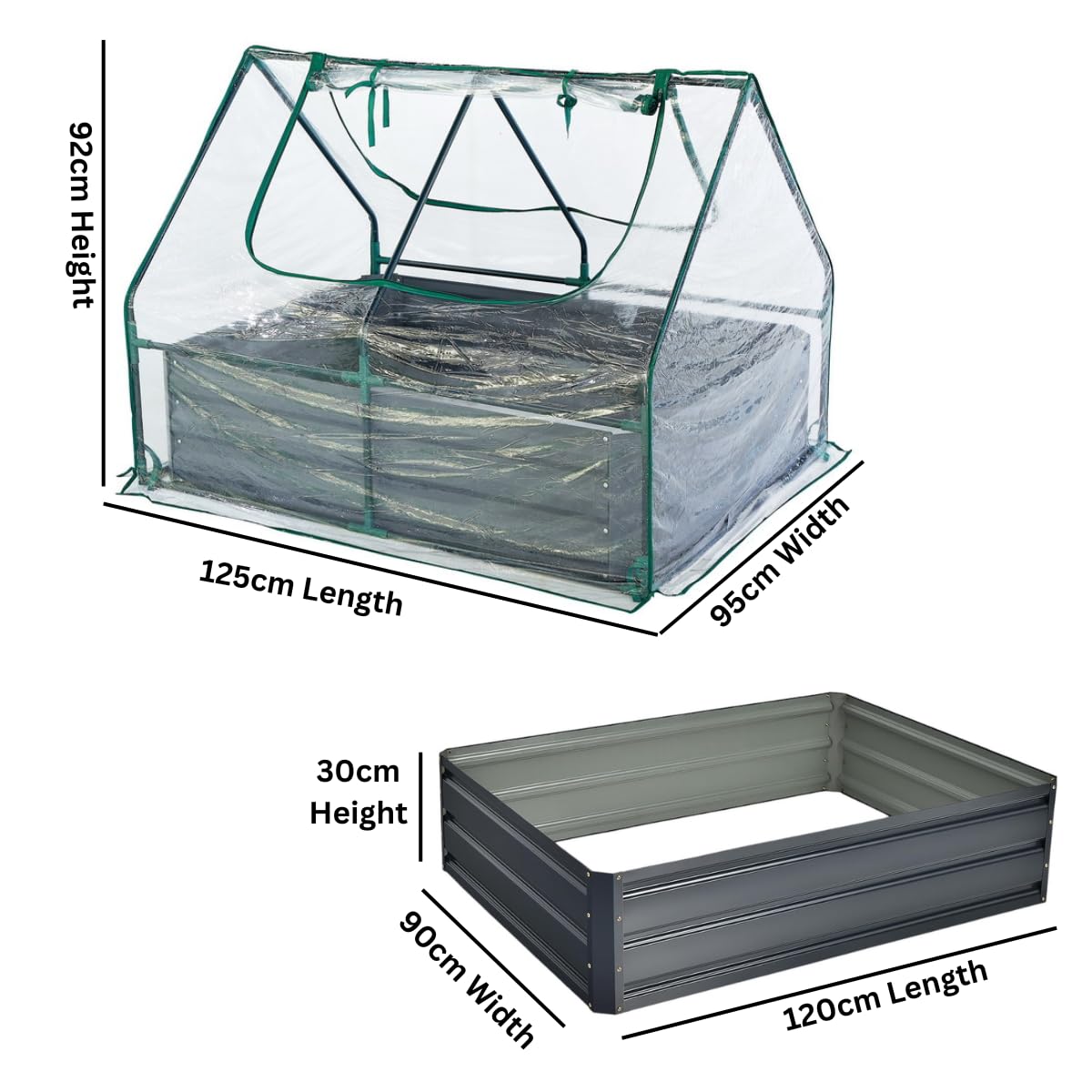 Raised Garden Bed with Greenhouse - 125 x 95 x 92 cm Compact Small Greenhouse With Metal Garden Bed included, Steel Frame, Clear PVC Cover, Zipped Roll up Windows For Plants, Vegetables, Garden