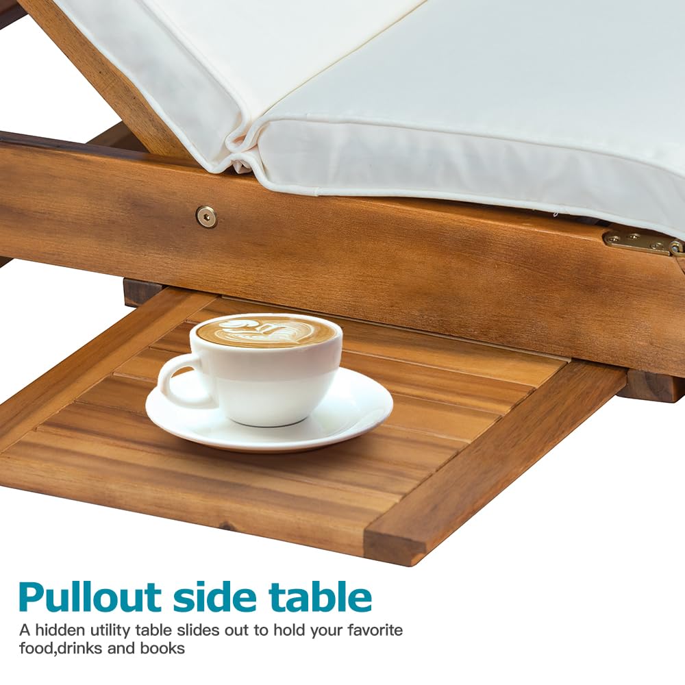 Panana Solid Acacia Wood Sun Lounger Outdoor Seating Folding Recliner Chair Portable Chaise Lounge with adjustable Backrest, Wheels, Cushion for Garden Poolside Patio