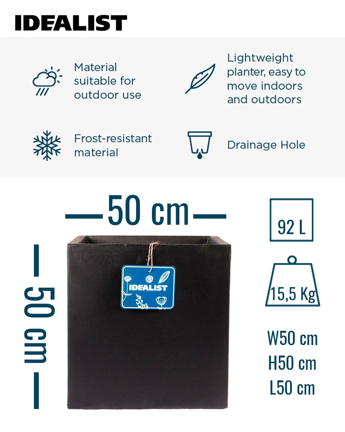 IDEALIST 50cm Large Square Planter for Trees | Black Reinforced Stone Flower Pot with Drainage Holes L50 W50 H50.5 cm, 92 litres