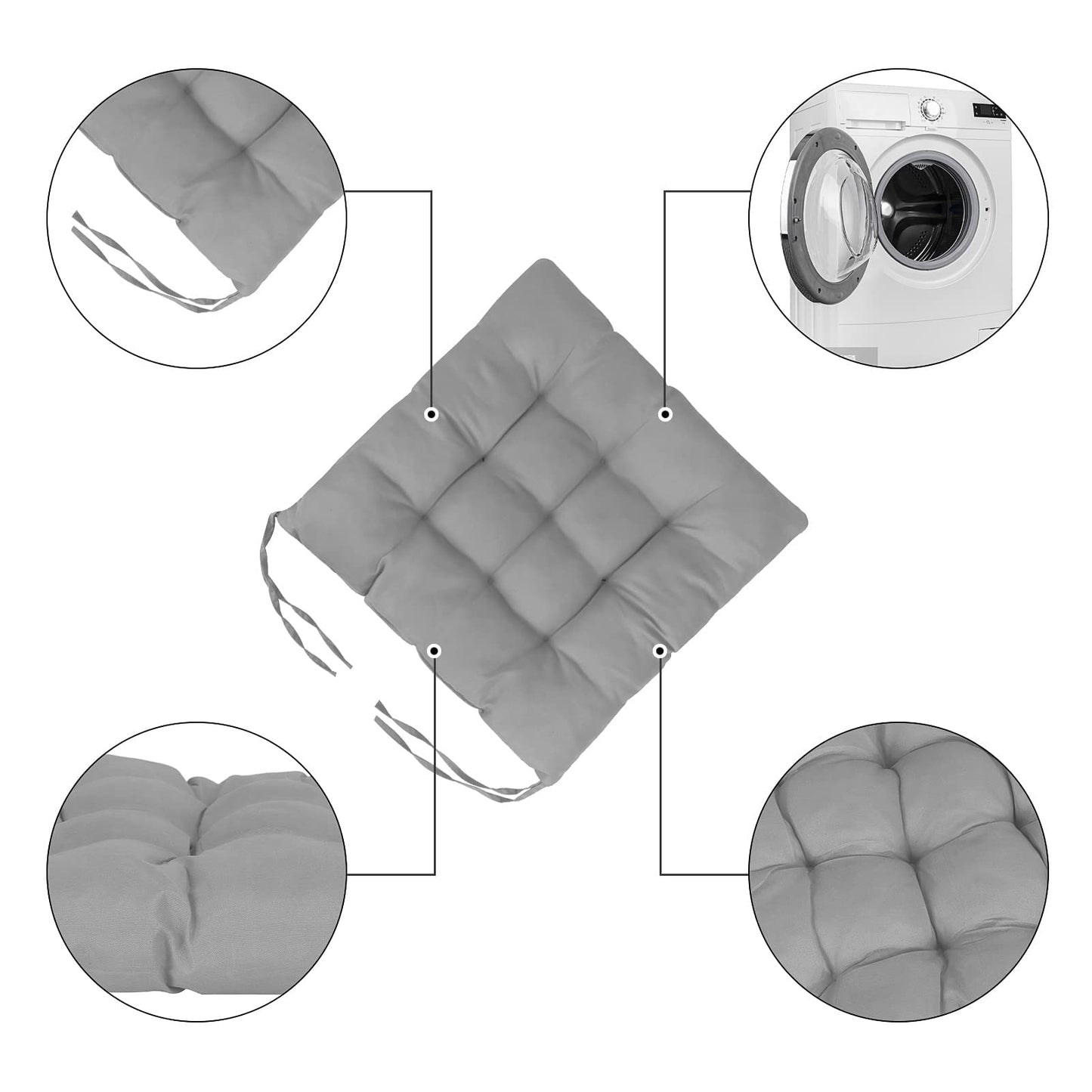 Holdfiturn 4Pcs Seat Pads for Dining Chair 40x40cm Garden Chair Cushions with Ties Comfortable Washable Square Seat Pad for Garden Kitchen Dining Outdoor Office Classroom Grey