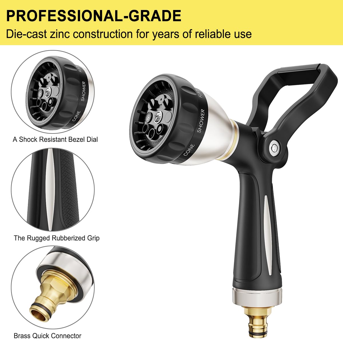 FANHAO Heavy Duty Fireman's Hose Gun, Metal Garden Hose Spray Gun with 8 Spray Patterns，High Pressure Hose Nozzle with Lever Control and Non-Slip Grip to Water Lawns & Plants, Wash Cars & Clean