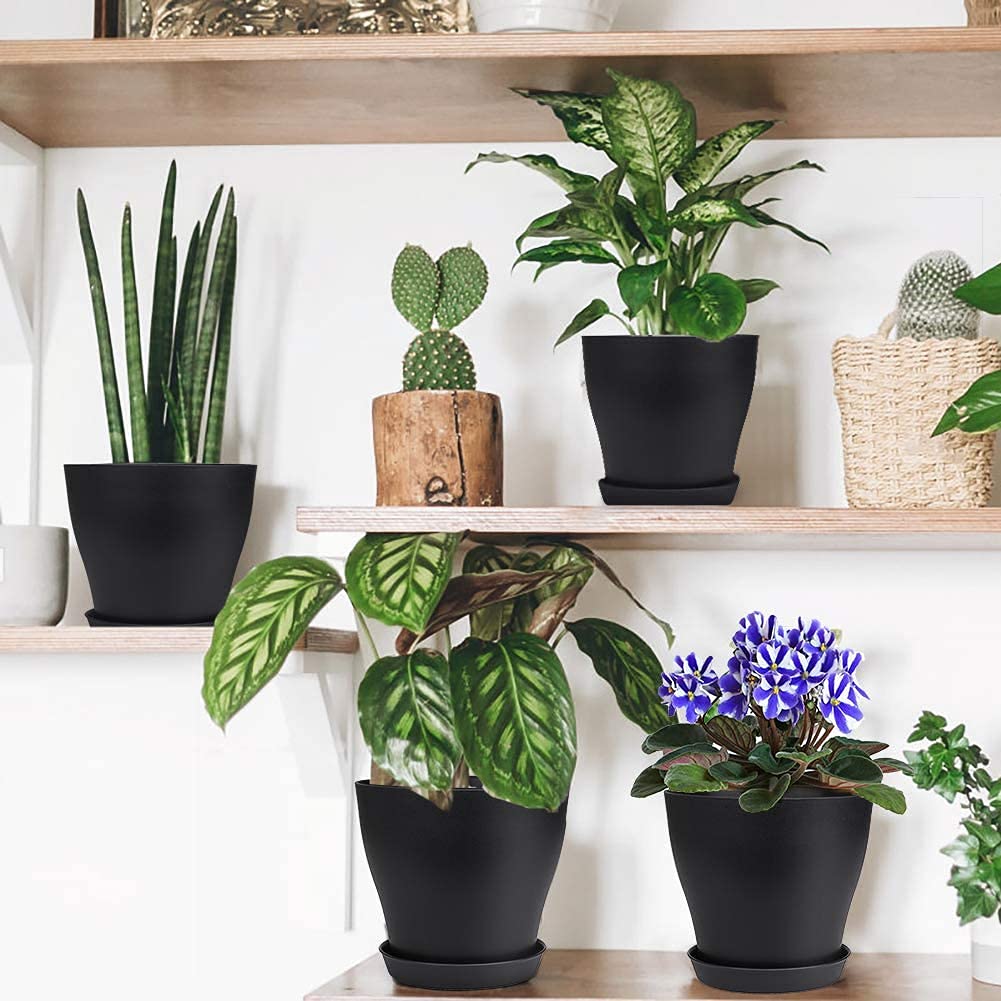 KAHEIGN 10Pcs 14cm Plastic Plant Pots Plant Container Indoor Flower Pots with Pallet Trays for Office House (14 x 12cm, Black)
