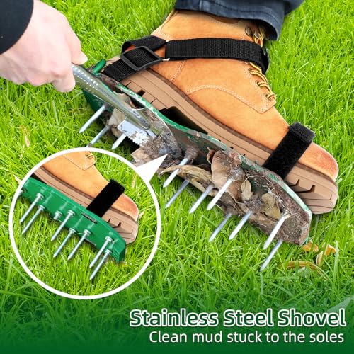 Ohuhu Lawn Aerator Shoes with Stainless Steel Shovel, Free-Installation Aerating Shoes with Hook & Loop Straps, Heavy Duty Spiked Aerating Sandals, Universal Size for Yard Patio Garden Grass Lawn