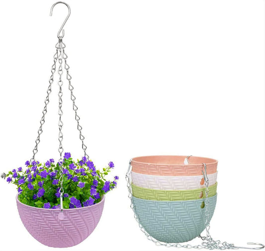 KAHEIGN 5Pcs Plastic Hanging Basket, Hanging Plant Basket Flower Pots Plant Holder Container with Chain Hooks for Plants Flowers Herbs Violets (5 Colors, Weave Pattern)