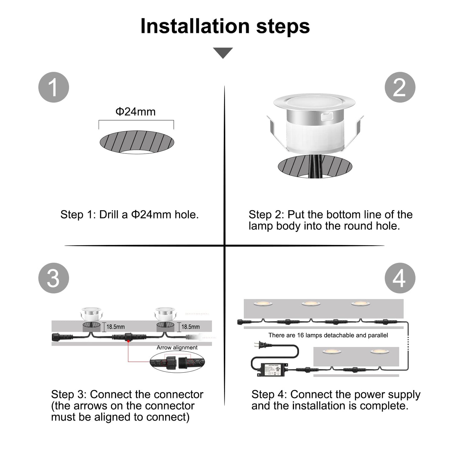INDARUN Warm White Led Decking Lights Outdoor Waterproof IP67 Ø31MM 12V - Led Plinth Light Kits for Terrace/Patio/Path/Wall/Garden/Decoration, Lot of 16