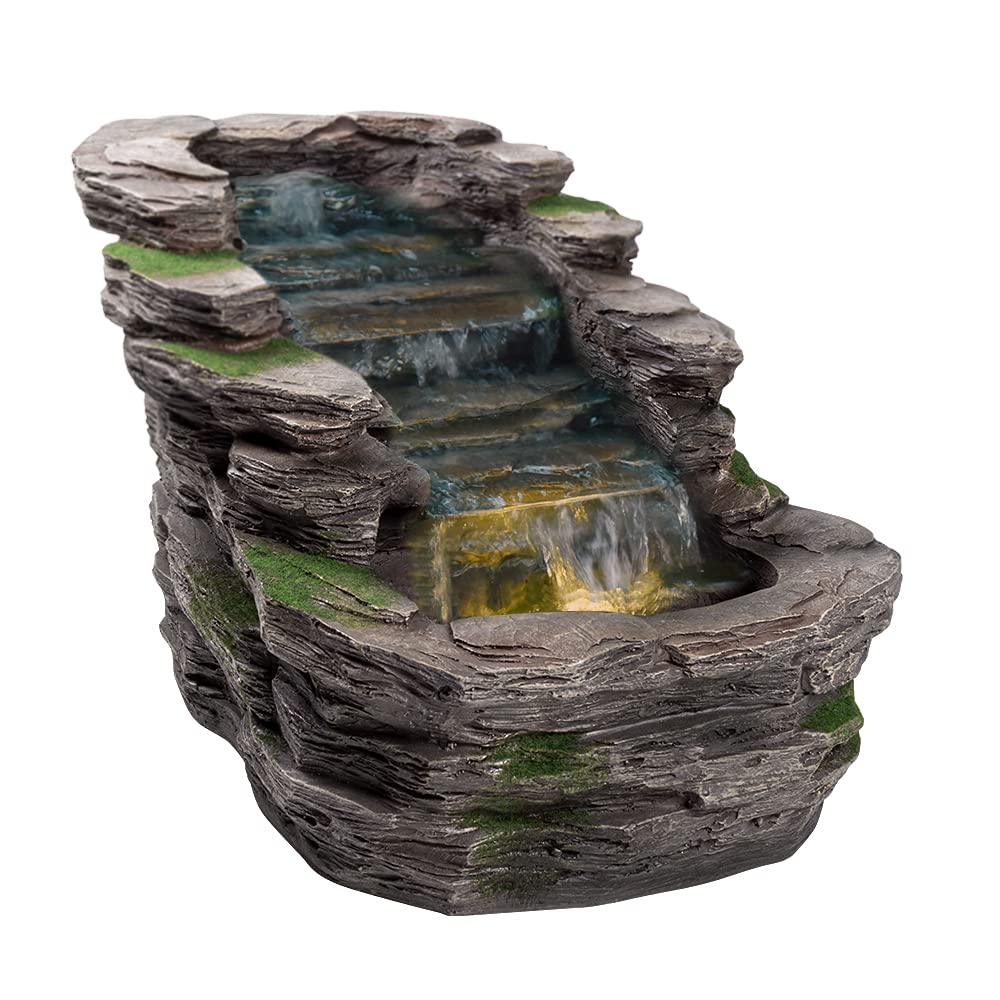 Waterfall Water Feature with LED Light | Rock Stone Cascading Water Feature for the Garden, Outdoor, Self Contained - 58 x 42 x 37cm