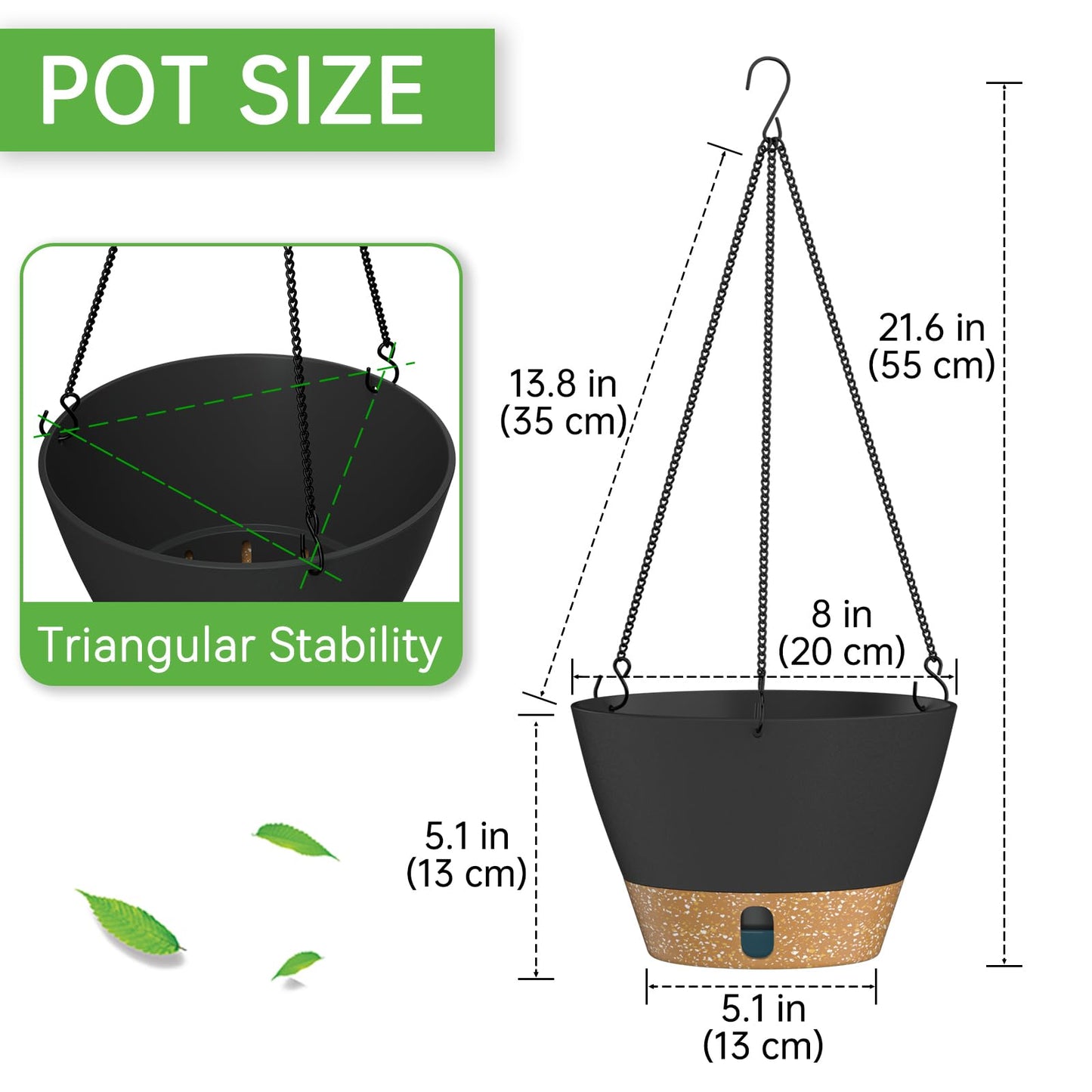 ZMTECH 20cm Hanging Plant Pots 8 Inches Hanging Planters with Saucer Drainage Holes Visible Water Level Hanging Pots for Indoor Outdoor Plants (Set of 2, Dark Grey)