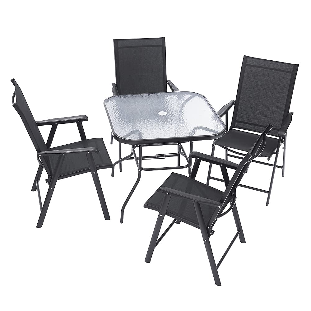 Panana 80cm Square Garden Dining Table with Parasol Hole, Outdoor Coffee Table with Tempered Glass Tabletop, Metal Frame for Backyard, Patio, Balcony