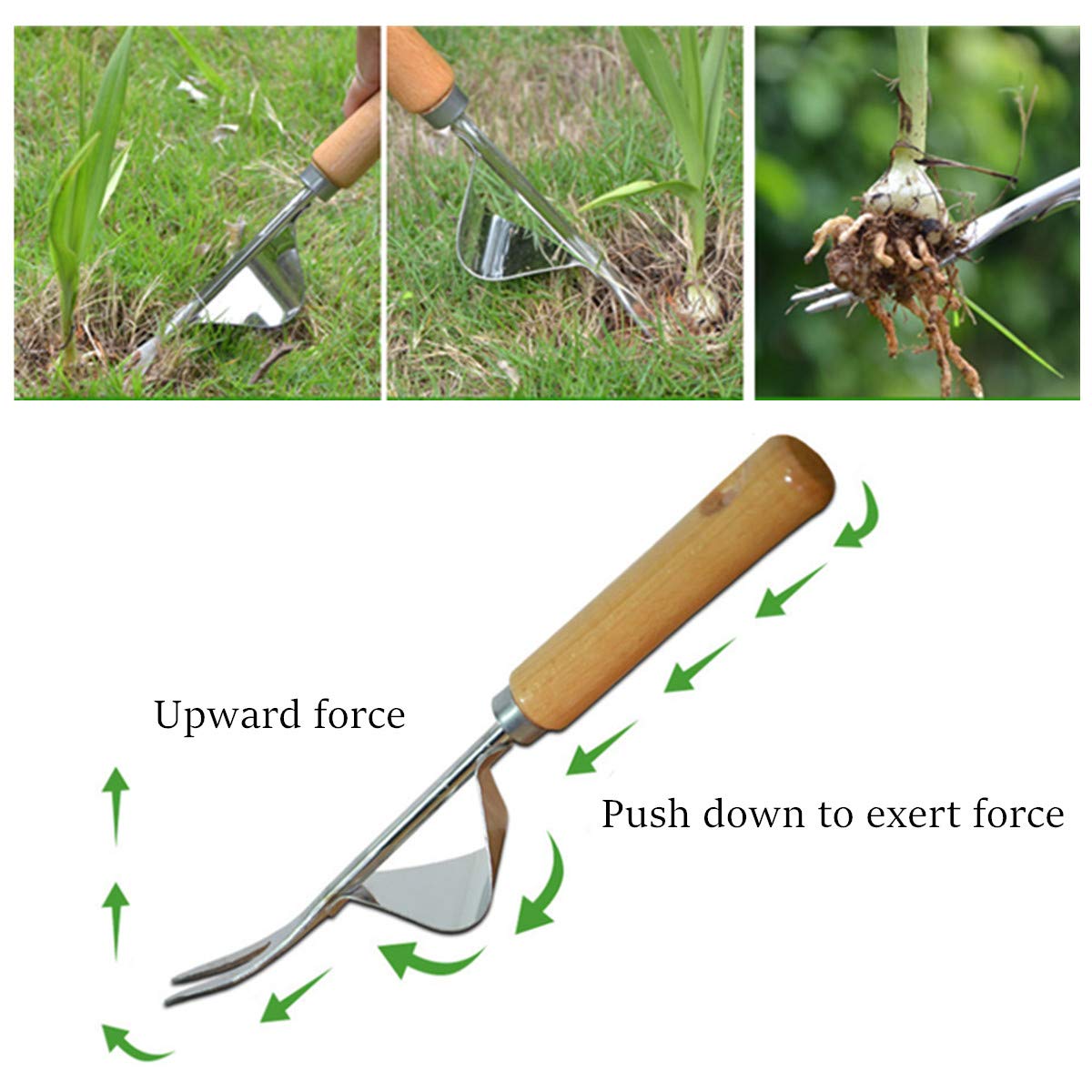 Garden Weeder Hand Weeder Fork Tool Weed Puller Removal Stainless Steel Manual Digging Dandelion Remover Tool Lawn Farmland Transplant Tool with Smooth Wood Handle