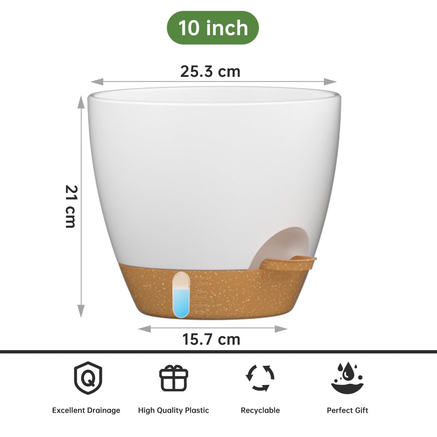 ZMTECH 25 cm Plant Pots with Drainage Holes Saucer Self Watering Planters with Watering Inlet Plastic Flower Pot for Indoor Outdoor Plants (Set of 2, White)