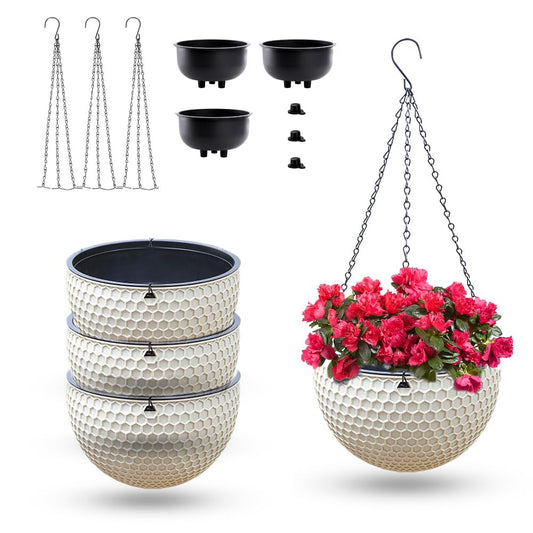 8.3inch Large Hanging Planters Plant Pots - Self-watering Hanging Baskets Set of 3 Flower Pot with Drainage Hole Chain for Home Garden Deco (Beige)